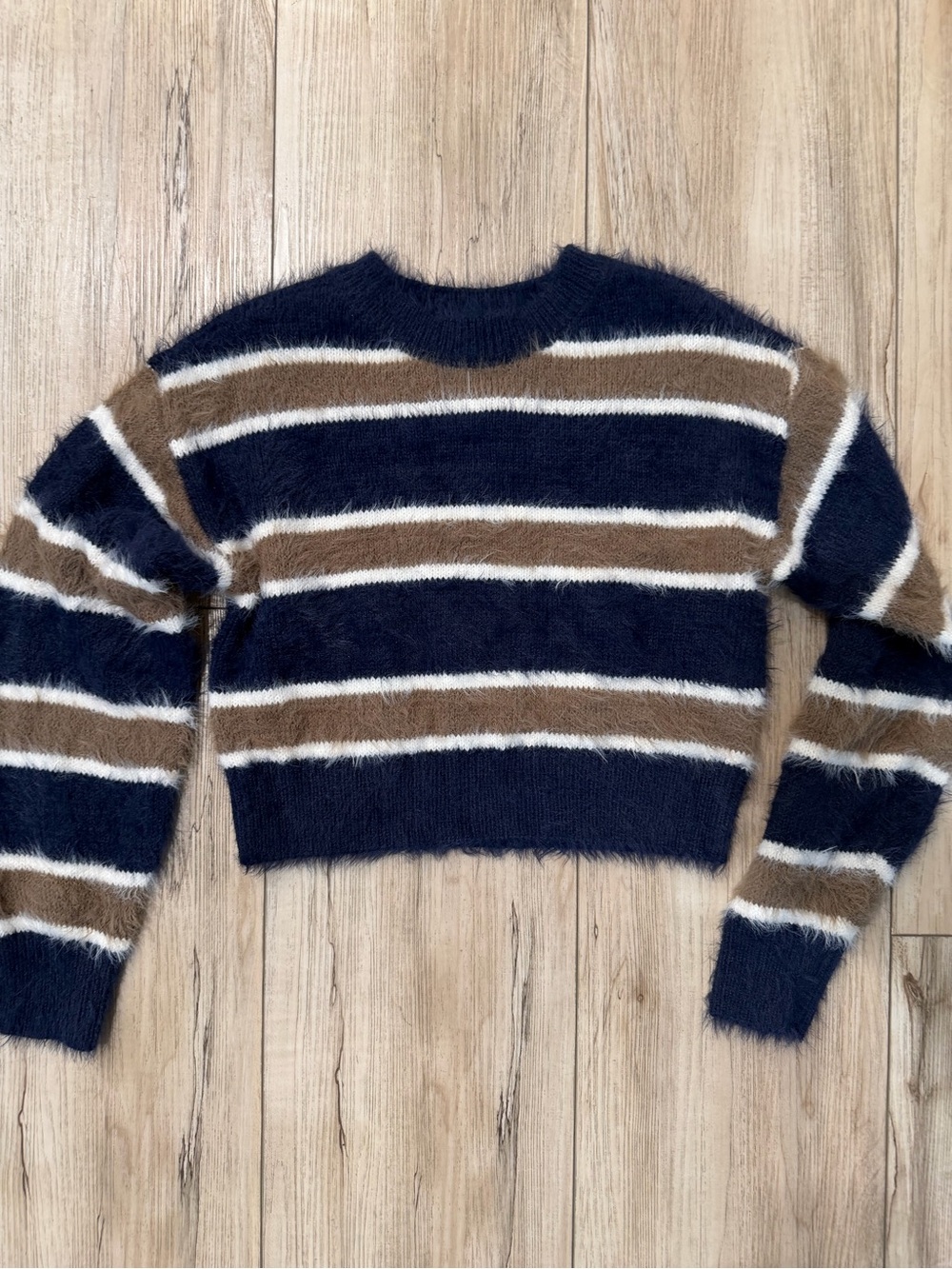 Tilly's Navy, Brown & Cream Fuzzy Striped Crewneck Sweater